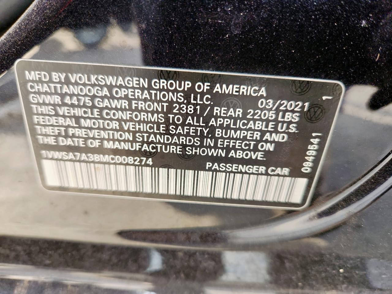 2021 Volkswagen Passat Se VIN: 1VWSA7A38MC008274 Lot: 93197375