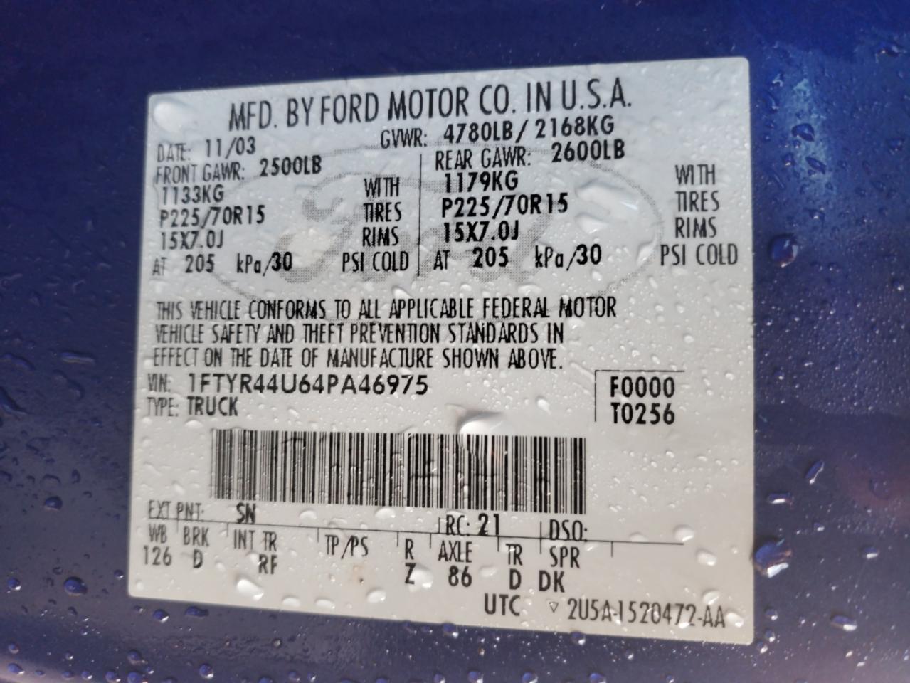 2004 Ford Ranger Super Cab VIN: 1FTYR44U64PA46975 Lot: 92596335