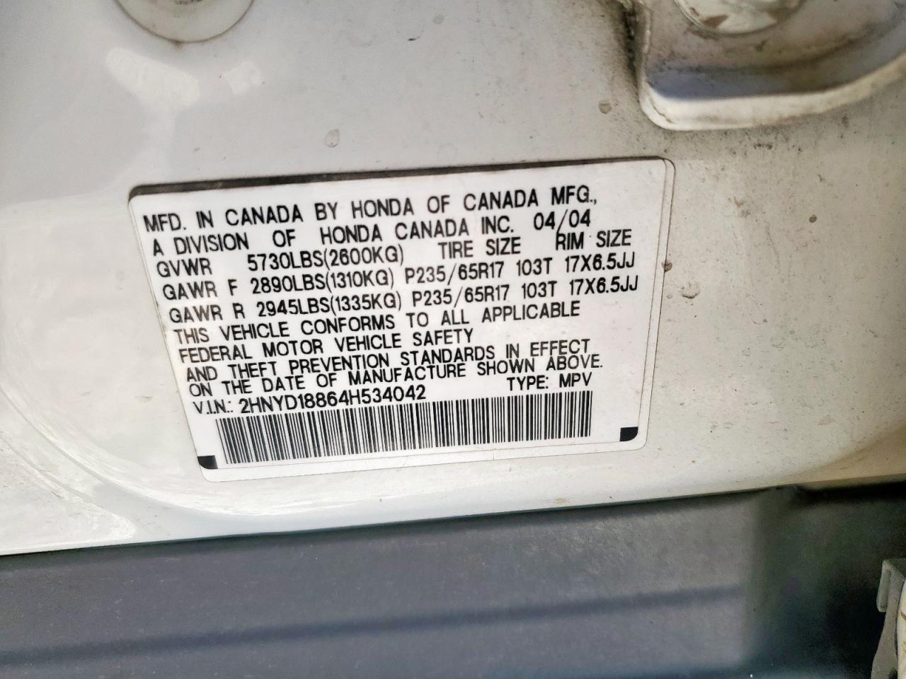 2004 Acura Mdx Touring VIN: 2HNYD18864H534042 Lot: 91459935