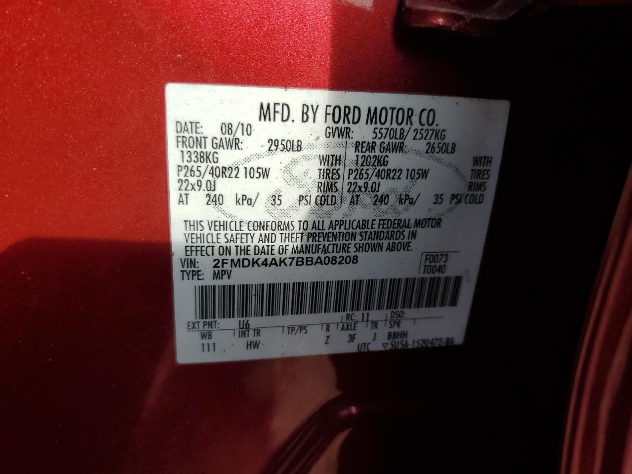 2011 Ford Edge Sport VIN: 2FMDK4AK7BBA08208 Lot: 90637645