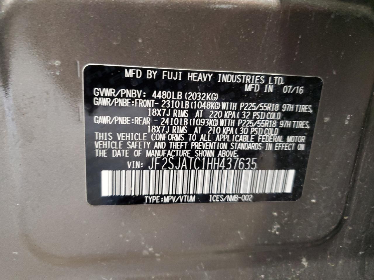 2017 Subaru Forester 2.5I Touring VIN: JF2SJATC1HH437635 Lot: 92393355