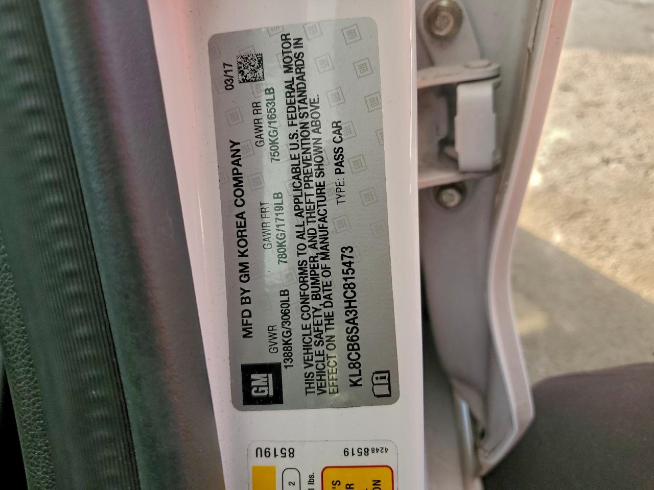 2017 Chevrolet Spark Ls VIN: KL8CB6SA3HC815473 Lot: 93413975