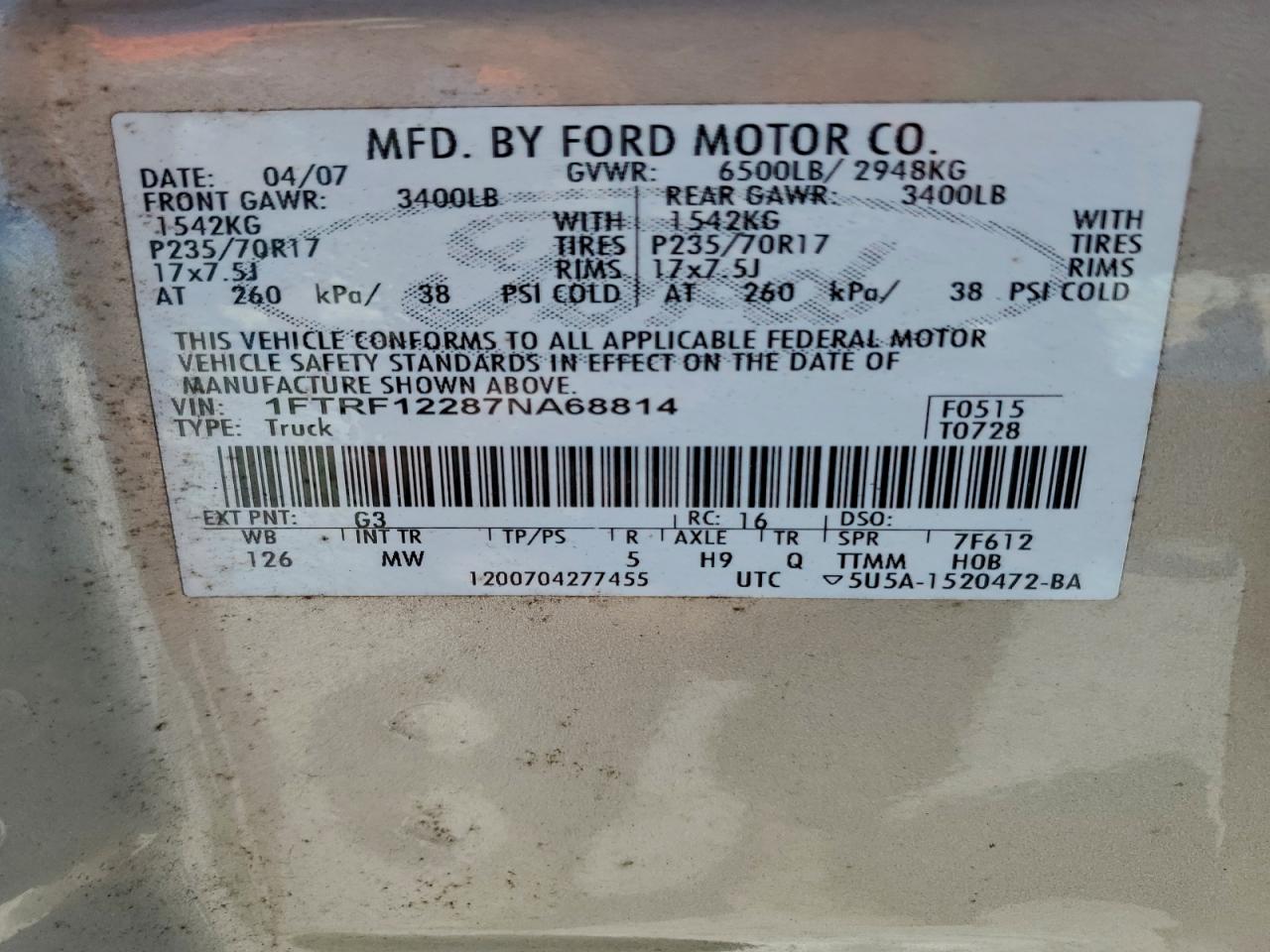 2007 Ford F150 VIN: 1FTRF12287NA68814 Lot: 92172275