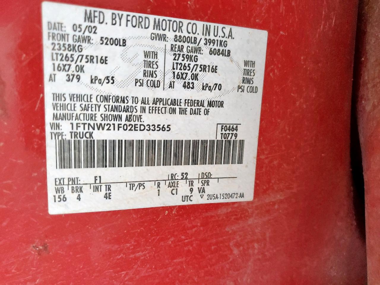 2002 Ford F250 Super Duty VIN: 1FTNW21F02ED33565 Lot: 92687125