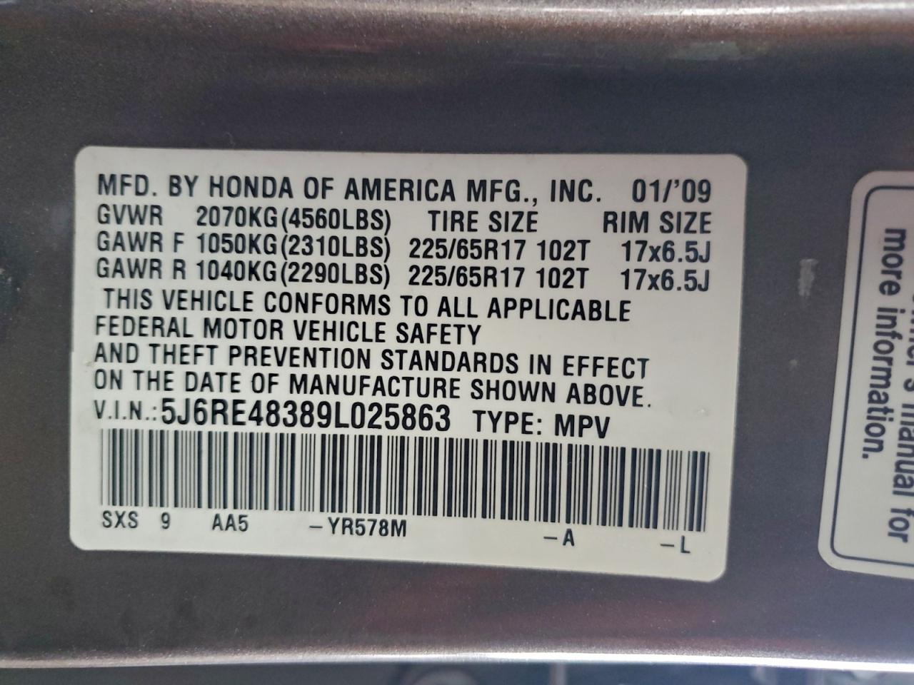 2009 Honda Cr-V Lx VIN: 5J6RE48389L025863 Lot: 93749605