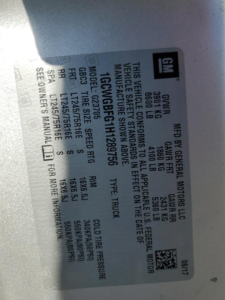 2017 Chevrolet Express G2500 VIN: 1GCWGBFG1H1289756 Lot: 92613195