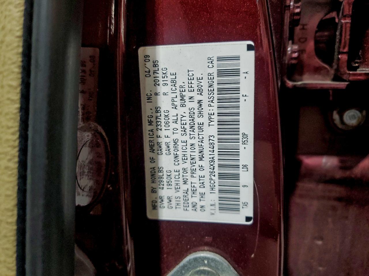 2009 Honda Accord Lxp VIN: 1HGCP264X9A144873 Lot: 94117745