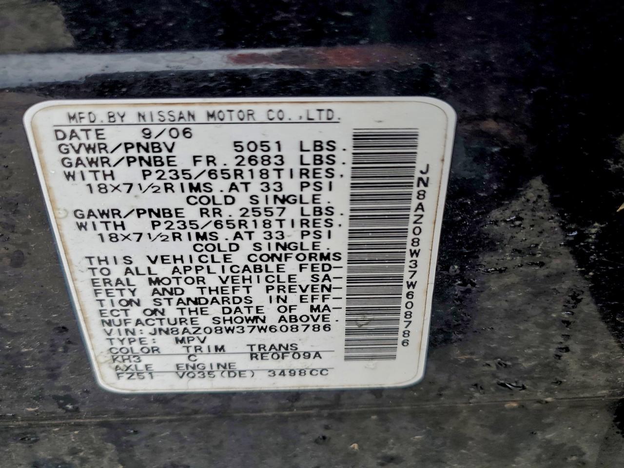 2007 Nissan Murano Sl VIN: JN8AZ08W37W608786 Lot: 94446885