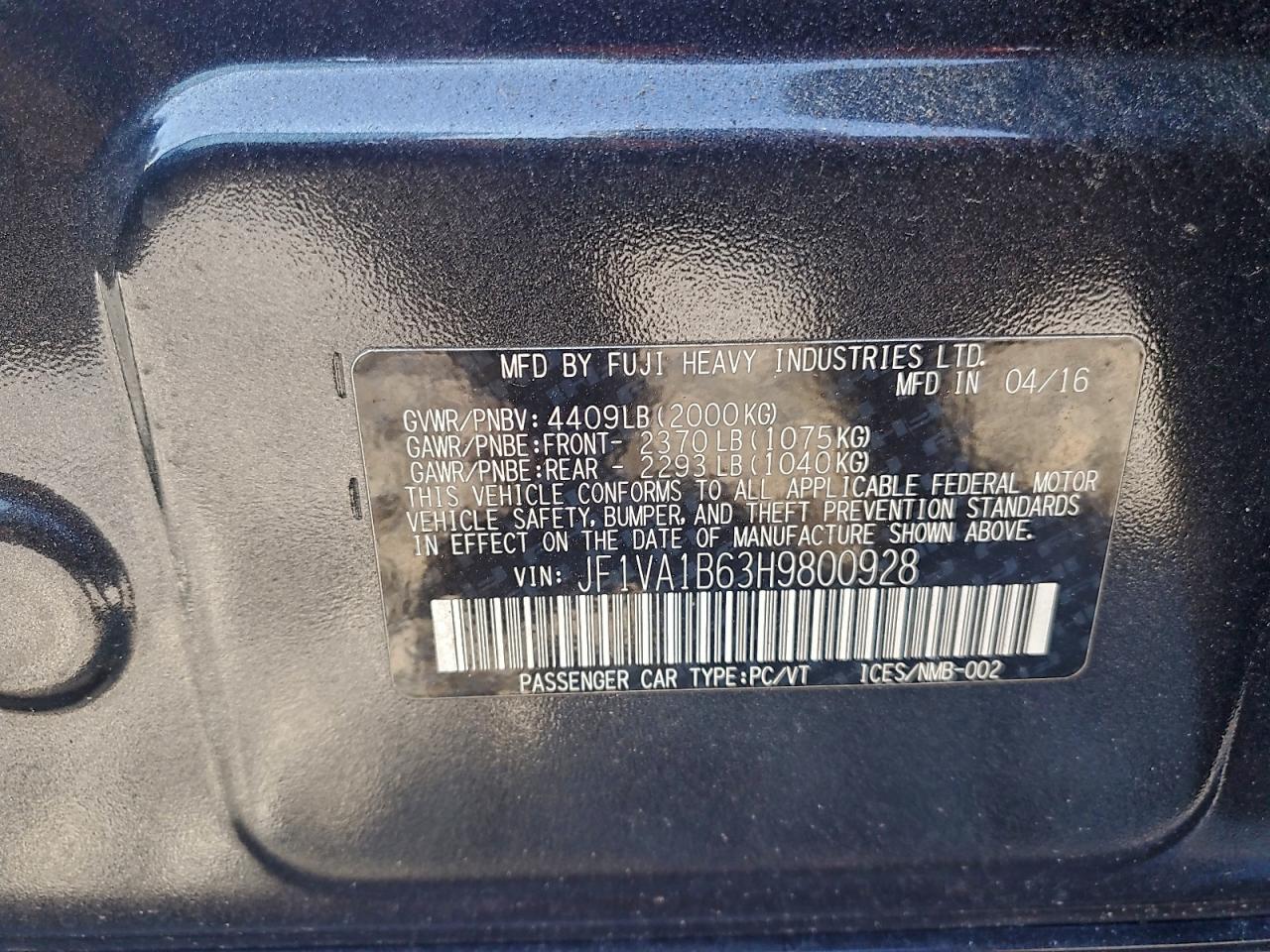 2017 Subaru Wrx VIN: JF1VA1B63H9800928 Lot: 94300395