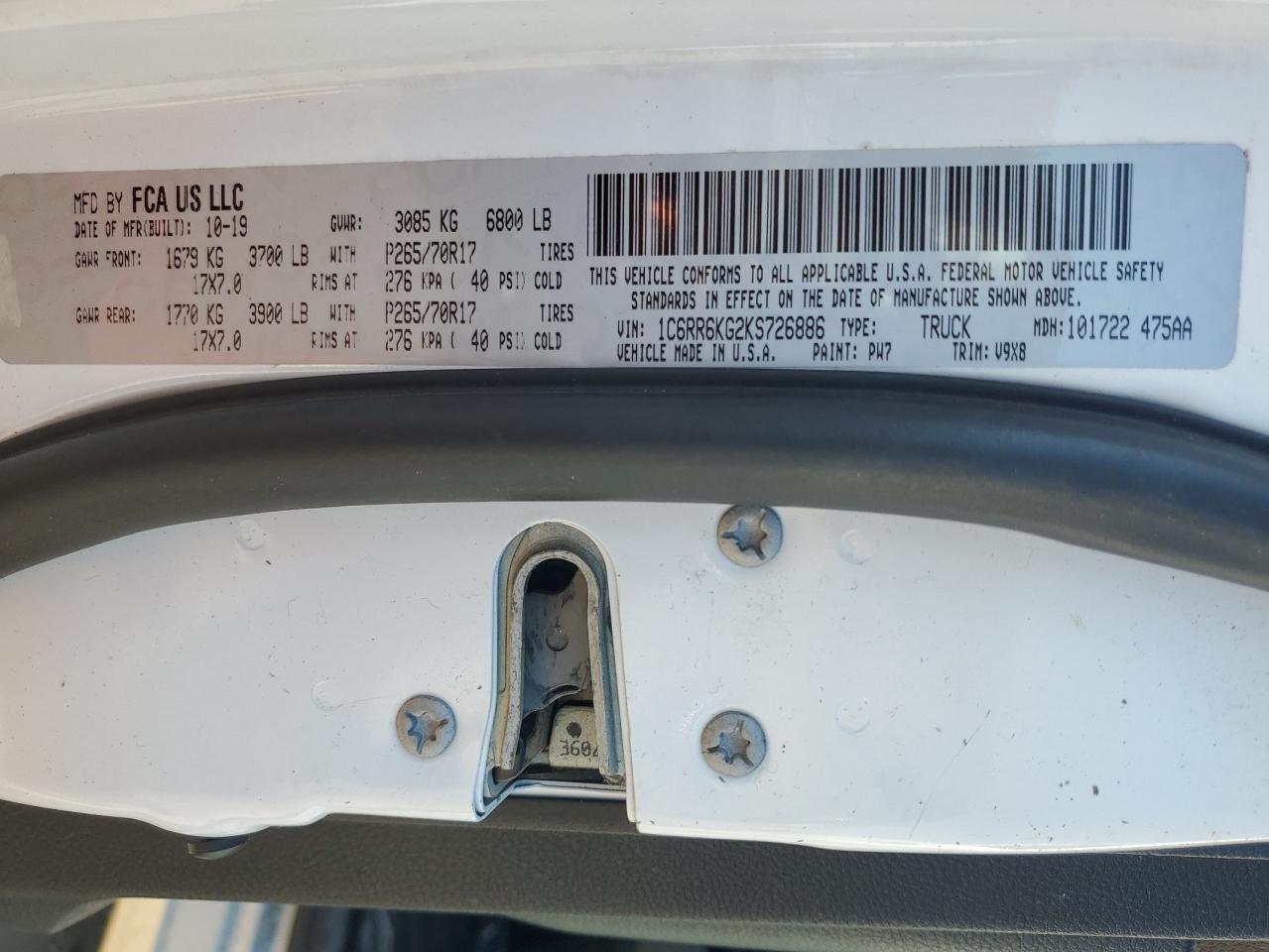 2019 Ram 1500 Classic Tradesman VIN: 1C6RR6KG2KS726886 Lot: 93297235