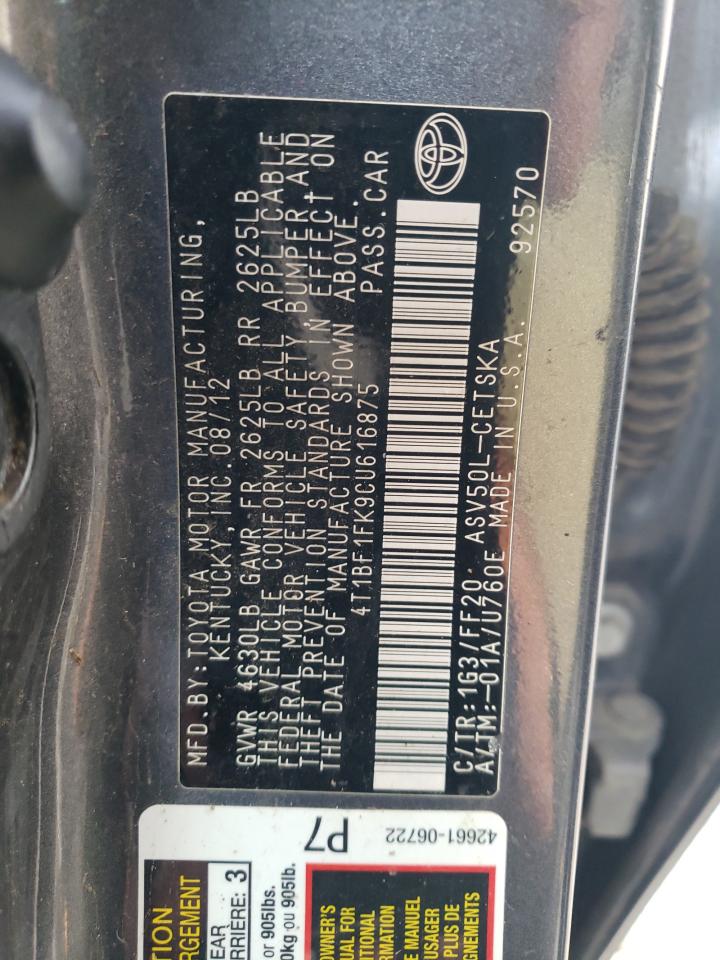 2012 Toyota Camry Base VIN: 4T1BF1FK9CU616875 Lot: 93063365