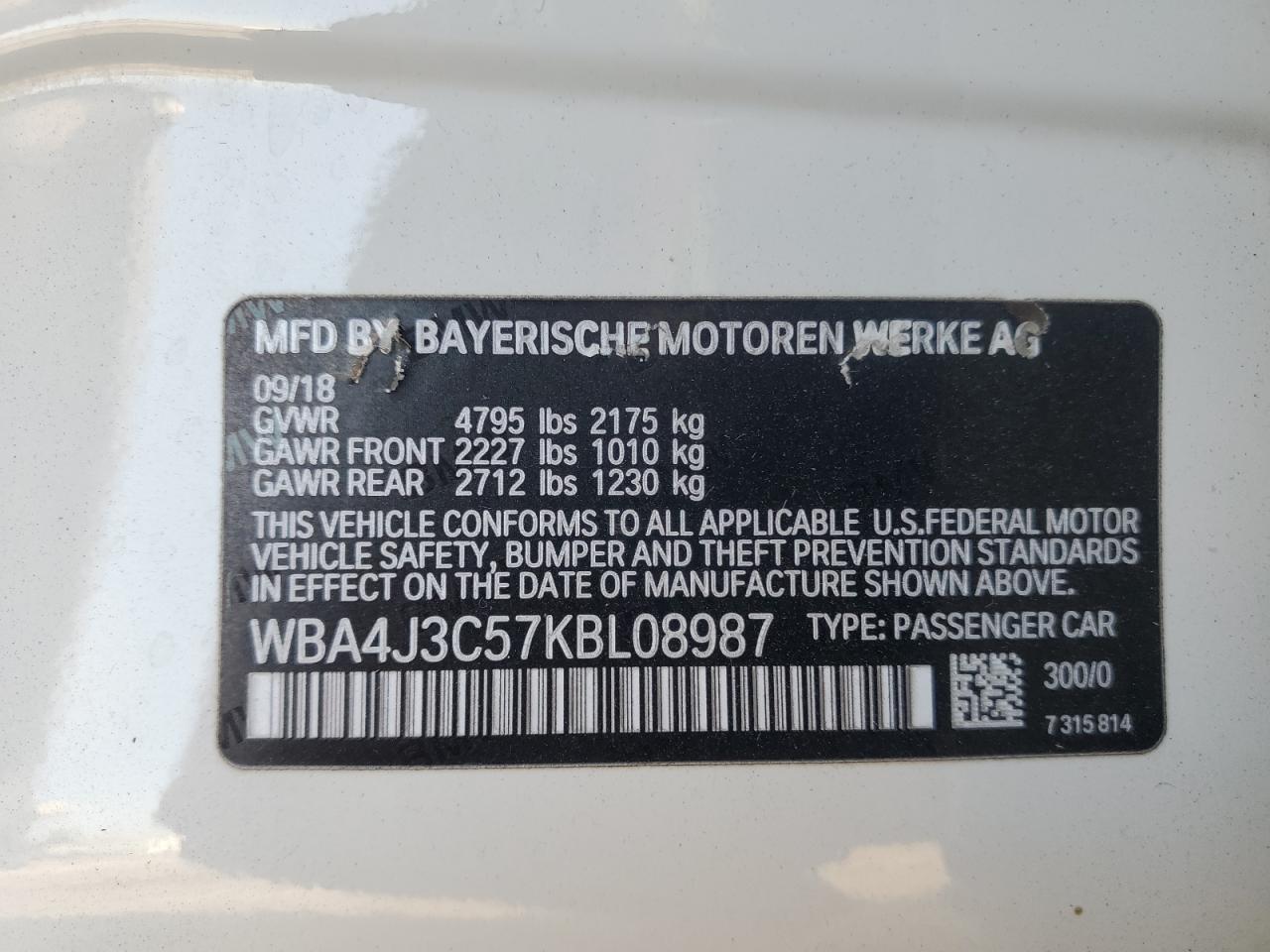 2019 BMW 430Xi Gran Coupe VIN: WBA4J3C57KBL08987 Lot: 90827795