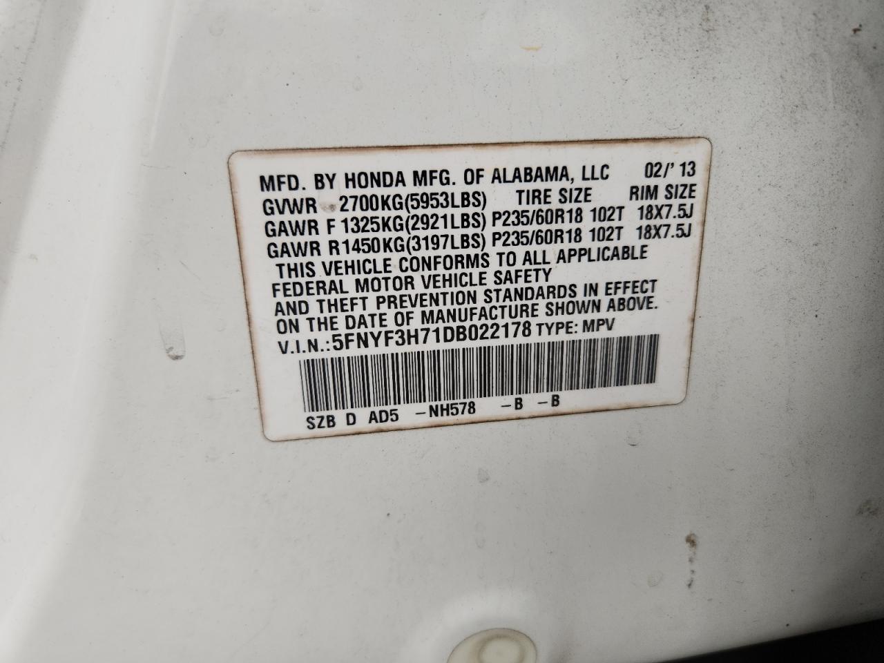 2013 Honda Pilot Exln VIN: 5FNYF3H71DB022178 Lot: 91972765