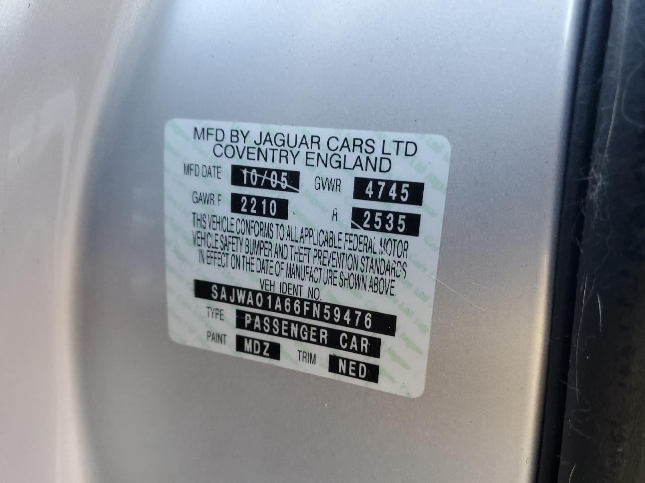 2006 Jaguar S-Type VIN: SAJWA01A66FN59476 Lot: 93051715