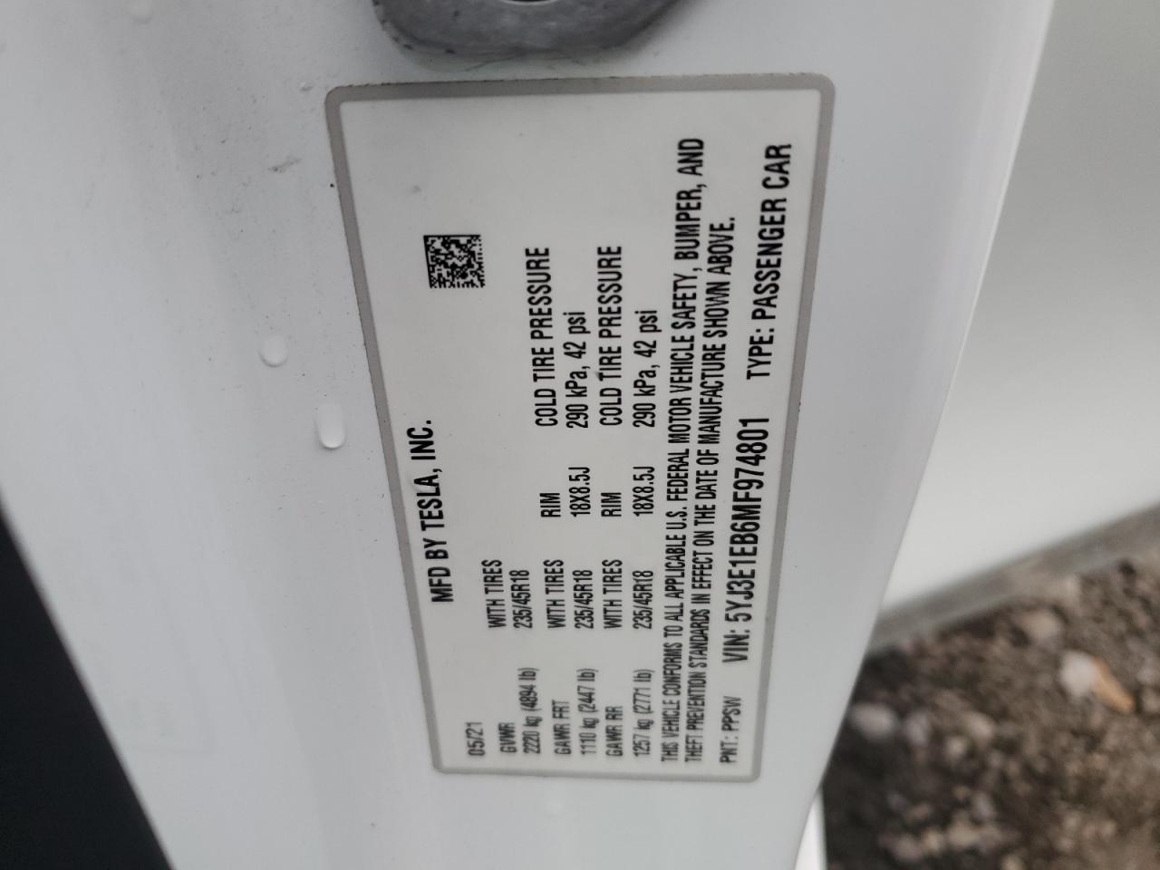 2021 Tesla Model 3 VIN: 5YJ3E1EB6MF974801 Lot: 90717785