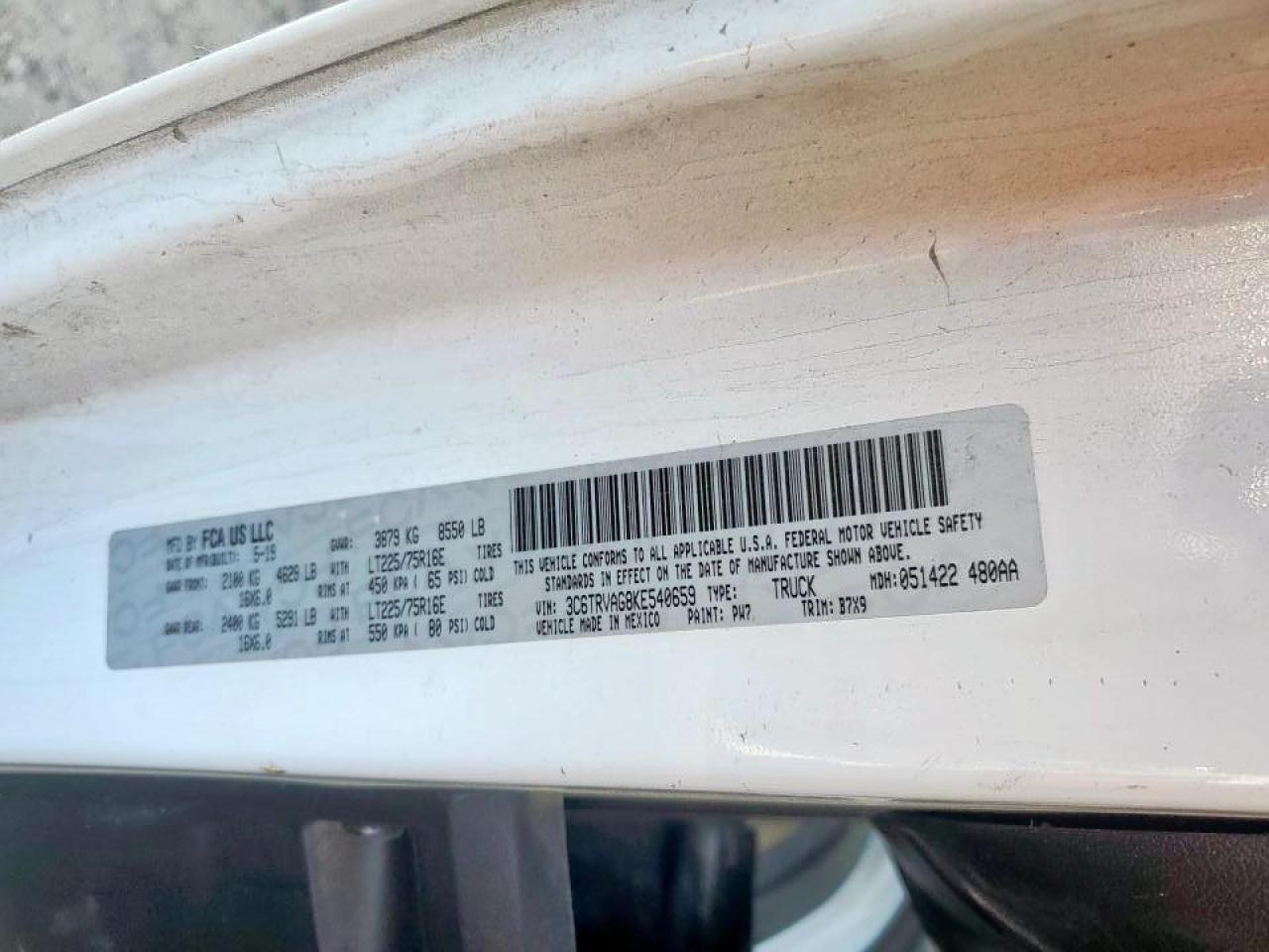 2019 Ram Promaster 1500 Utility / Service Van VIN: 3C6TRVAG8KE540659 Lot: 91889355