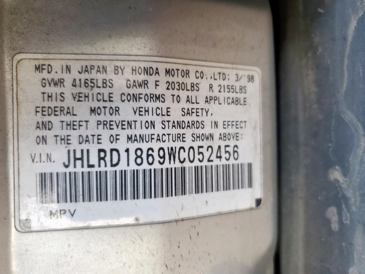 1998 Honda Cr-V Ex VIN: JHLRD1869WC052456 Lot: 93443025