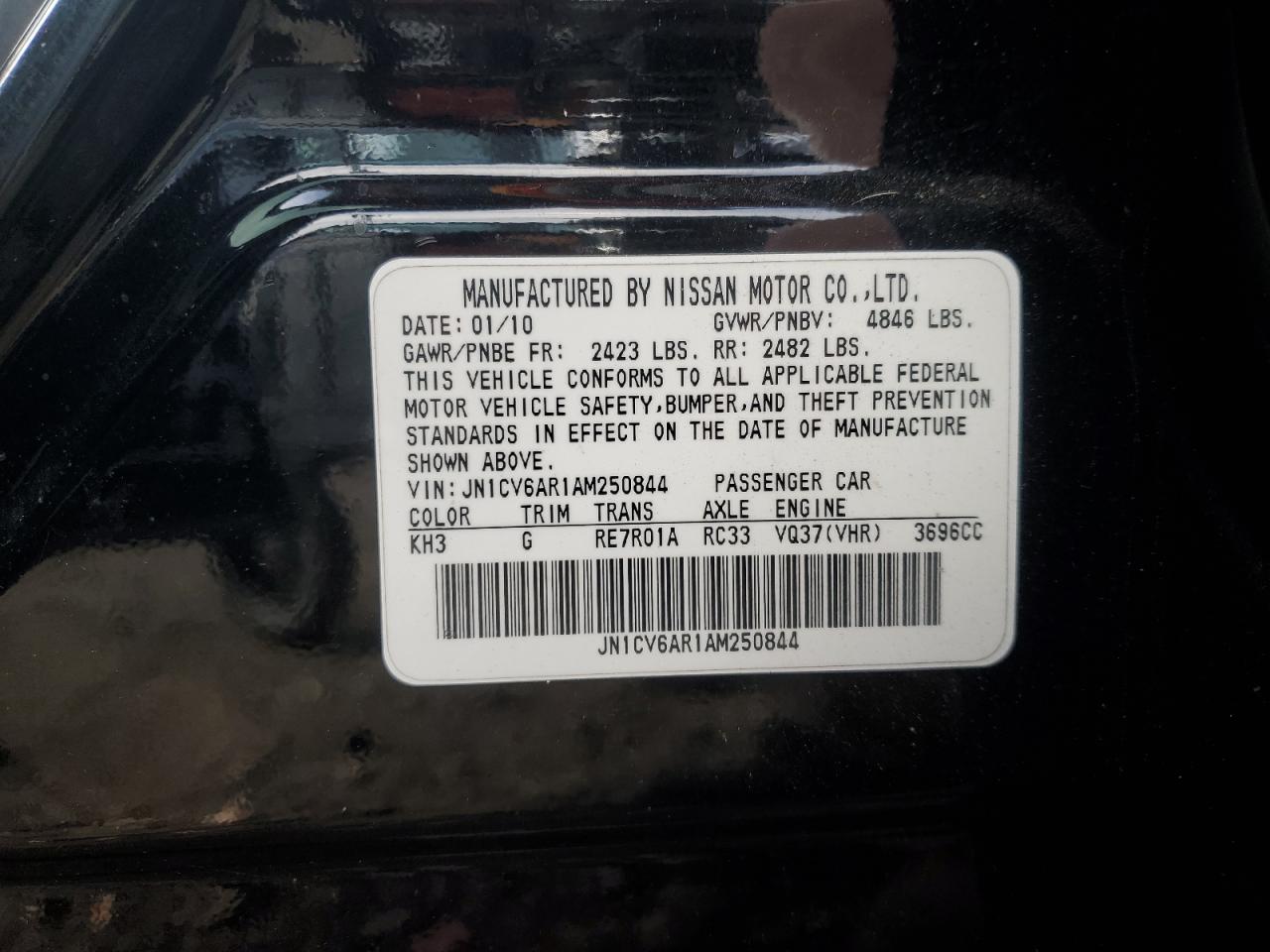 2010 Infiniti G37 VIN: JN1CV6AR1AM250844 Lot: 93383905