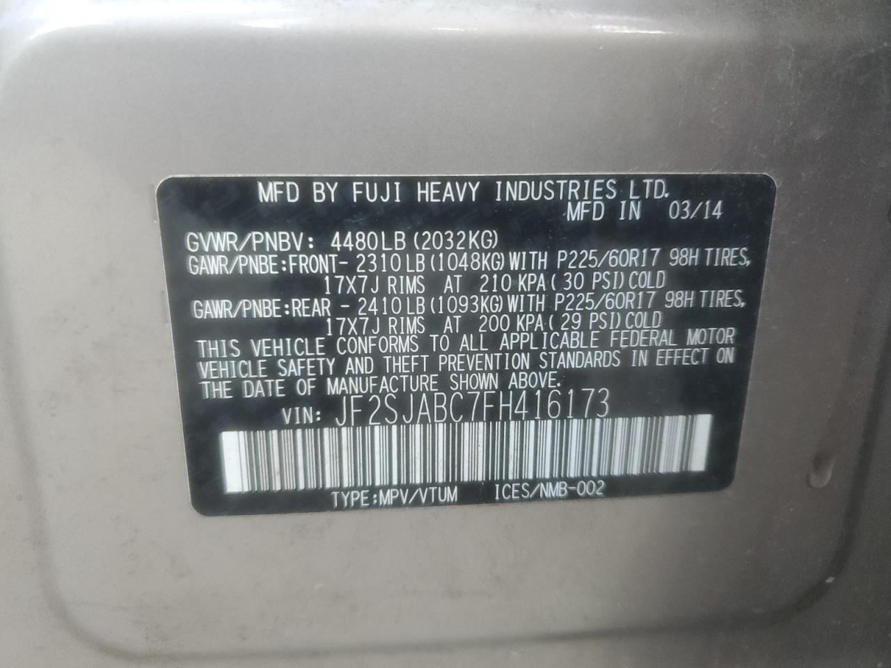 2015 Subaru Forester 2.5I VIN: JF2SJABC7FH416173 Lot: 90699145