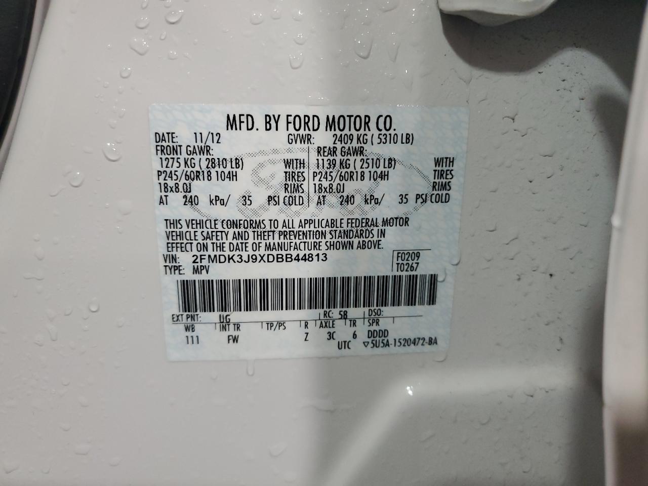 2013 Ford Edge Sel VIN: 2FMDK3J9XDBB44813 Lot: 93230025