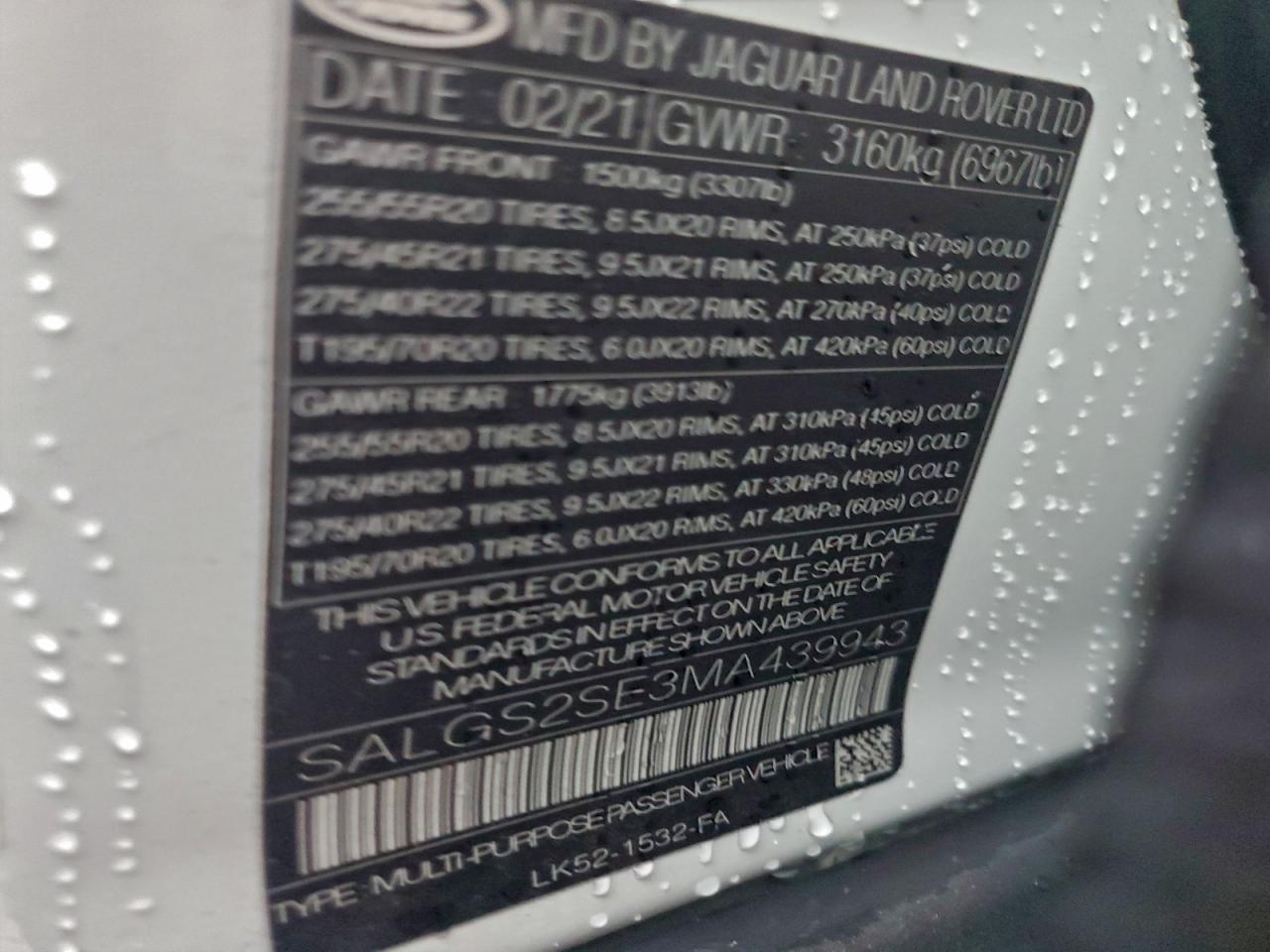 2021 Land Rover Range Rover Westminster Edition VIN: SALGS2SE3MA439943 Lot: 93463185