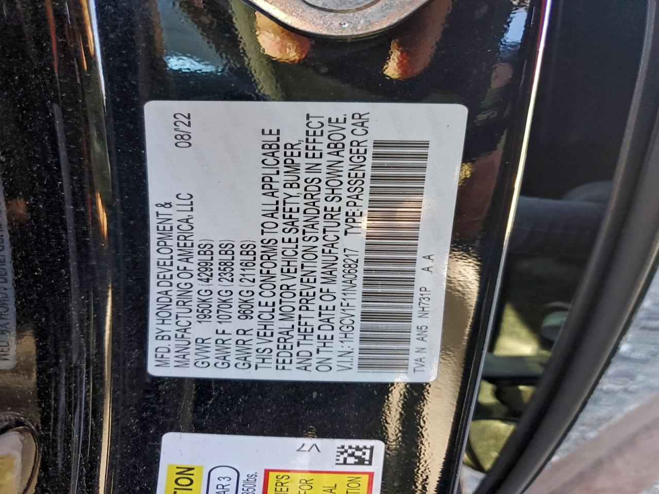 2022 Honda Accord Lx VIN: 1HGCV1F11NA068217 Lot: 93539555