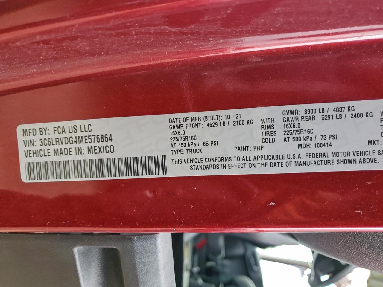 2021 Ram Promaster 2500 2500 High VIN: 3C6LRVDG4ME576864 Lot: 93612685