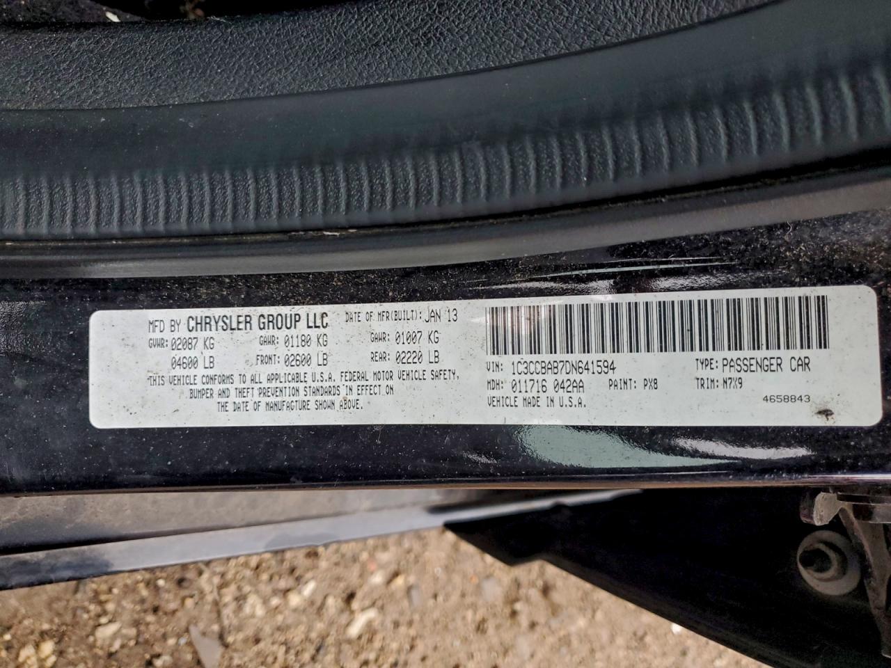 2013 Chrysler 200 Lx VIN: 1C3CCBAB7DN641594 Lot: 92795685