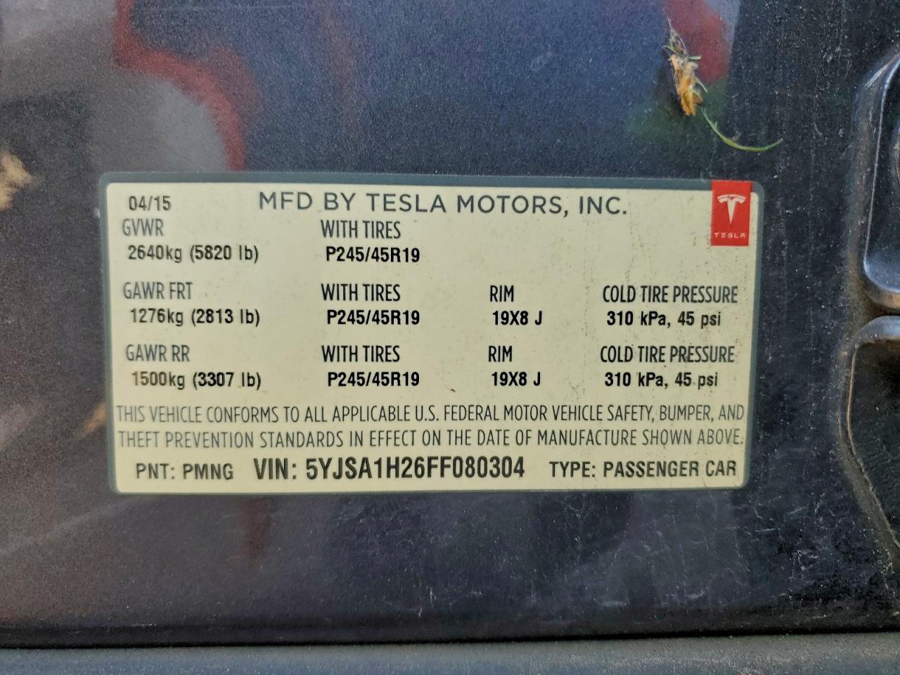 2015 Tesla Model S 85D VIN: 5YJSA1H26FF080304 Lot: 92884955