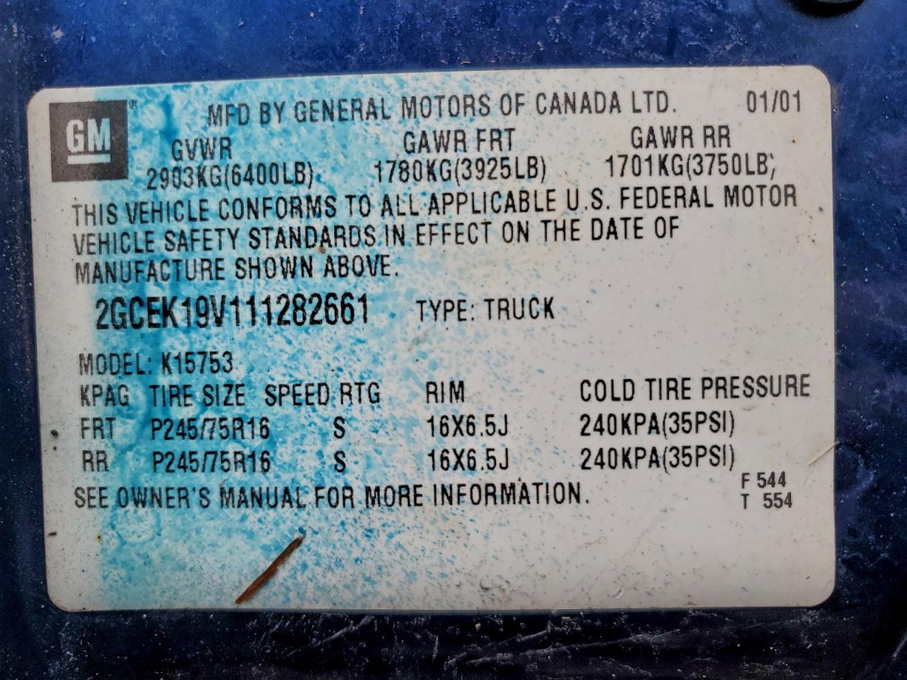 2001 Chevrolet Silverado K1500 VIN: 2GCEK19V111282661 Lot: 94334885