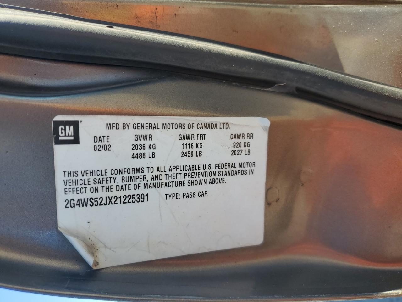 2002 Buick Century Custom VIN: 2G4WS52JX21225391 Lot: 91908555