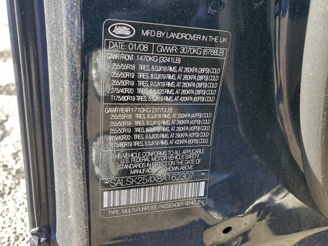 2008 Land Rover Range Rover Sport Hse VIN: SALSK254X8A162307 Lot: 94246975