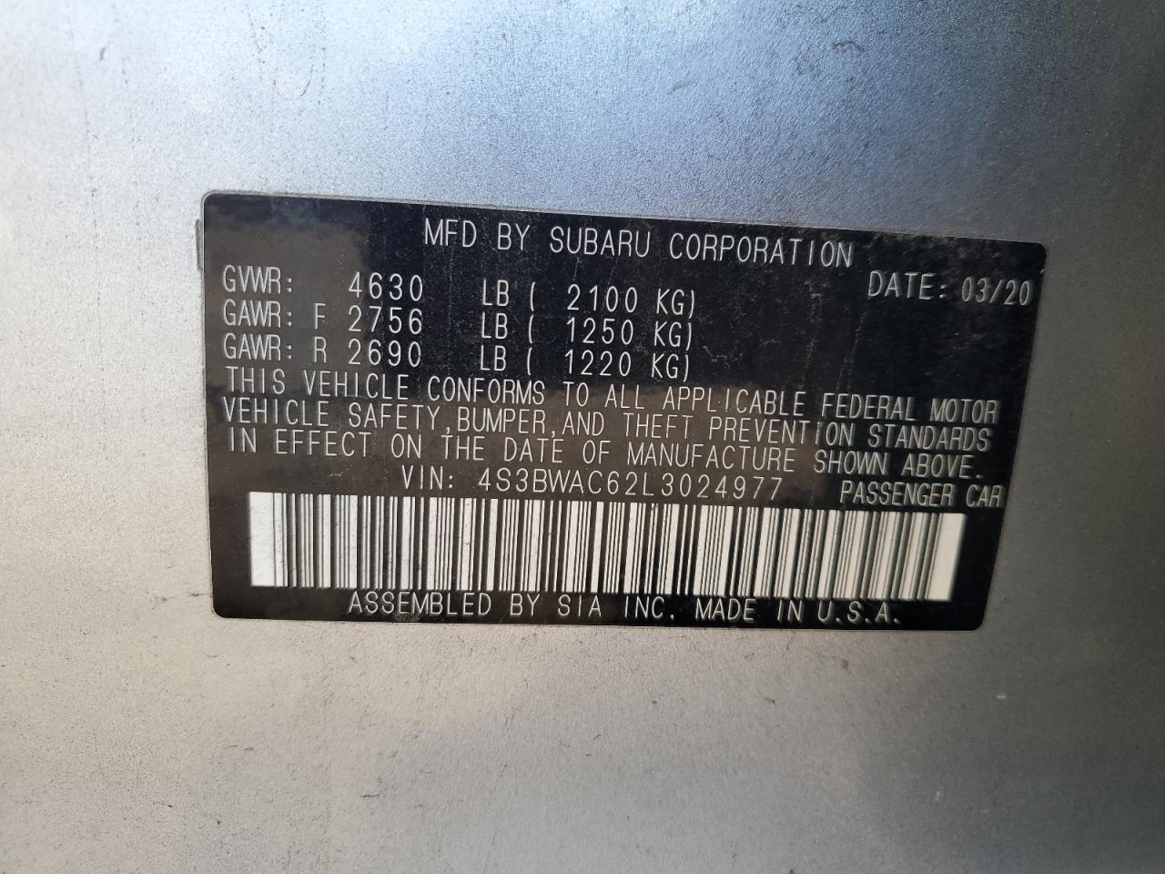 2020 Subaru Legacy Premium VIN: 4S3BWAC62L3024977 Lot: 92307695