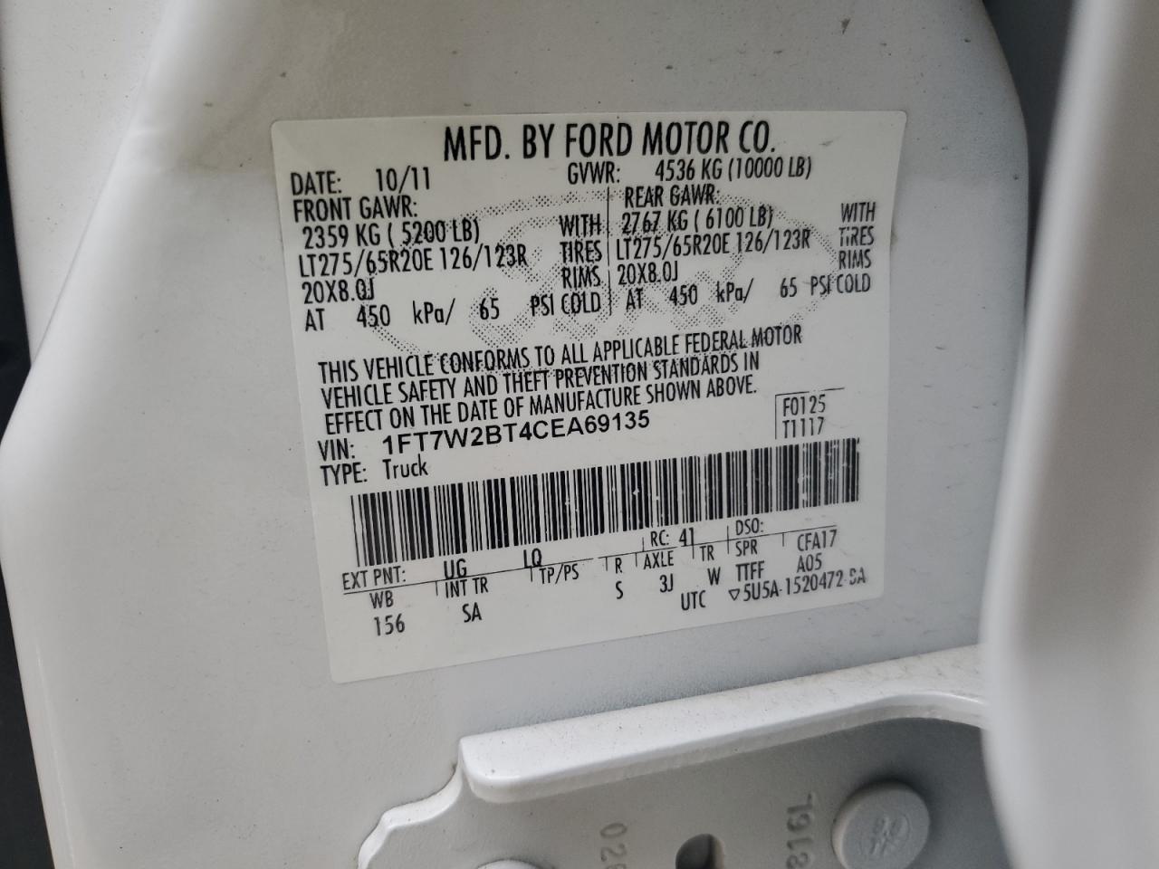 2012 Ford F250 Super Duty VIN: 1FT7W2BT4CEA69135 Lot: 91075135