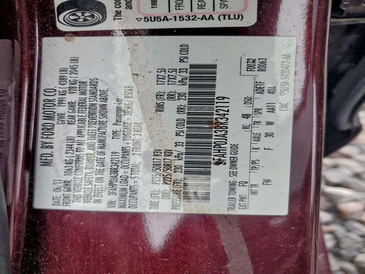 2011 Ford Fusion Sel VIN: 3FAHP0JA3BR342119 Lot: 94158595