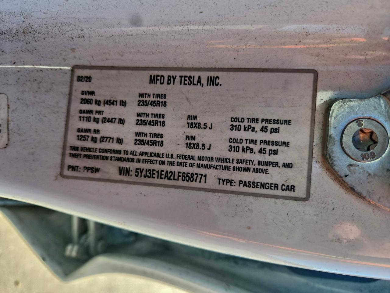 2020 Tesla Model 3 VIN: 5YJ3E1EA2LF658771 Lot: 94711785