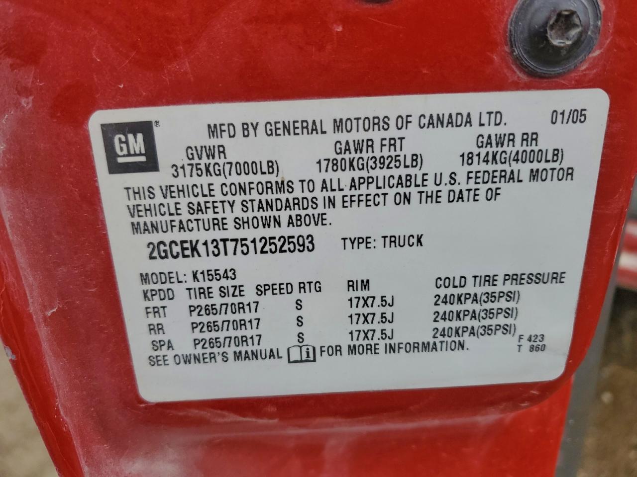 2005 Chevrolet Silverado K1500 VIN: 2GCEK13T751252593 Lot: 93725295