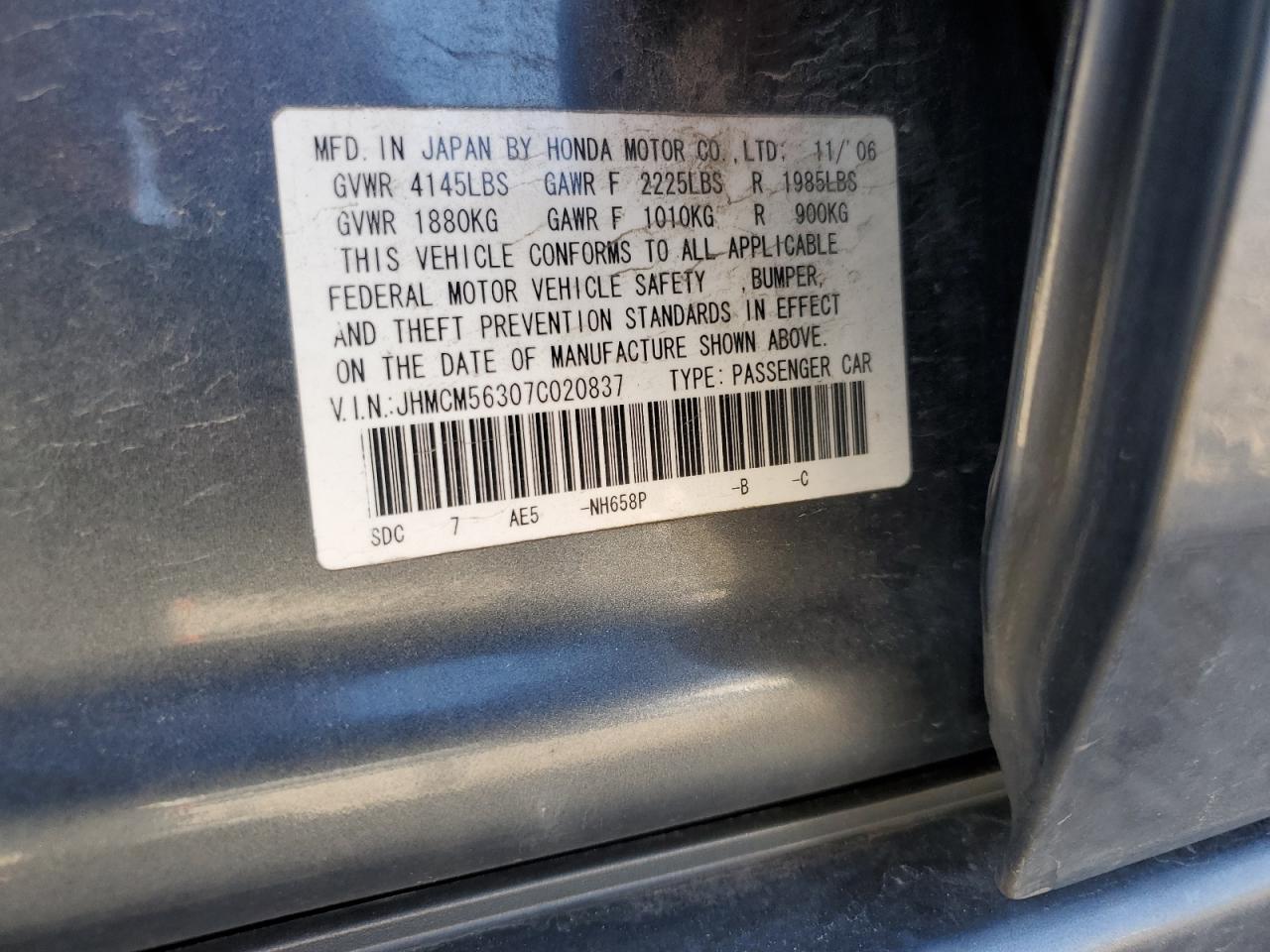 2007 Honda Accord Se VIN: JHMCM56307C020837 Lot: 92495575