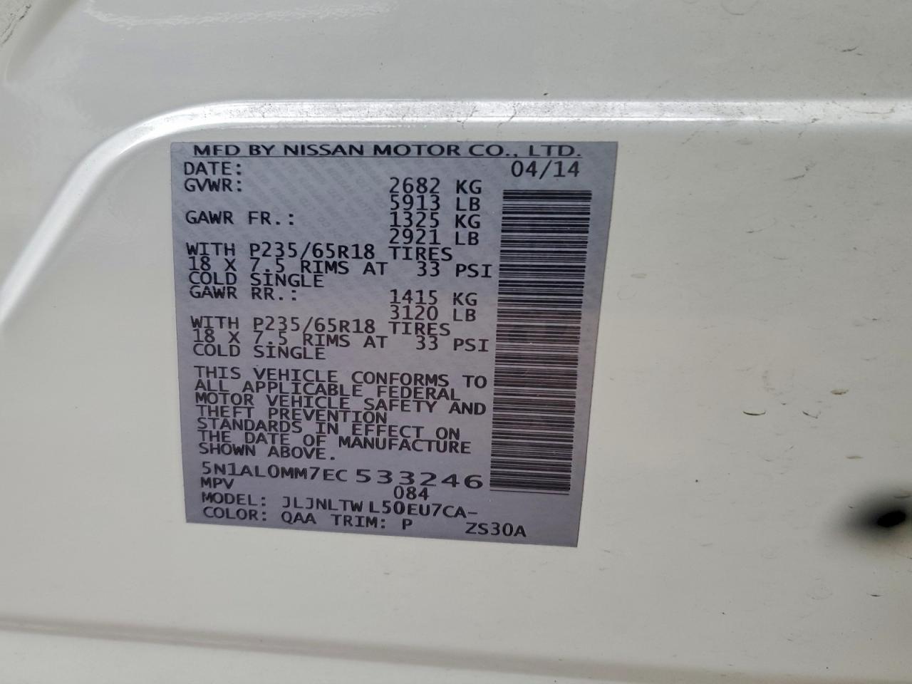 2014 Infiniti Qx60 VIN: 5N1AL0MM7EC533246 Lot: 94335425