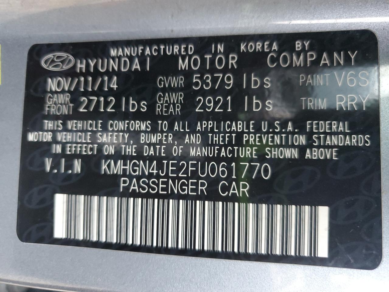 2015 Hyundai Genesis 3.8L VIN: KMHGN4JE2FU061770 Lot: 93360125