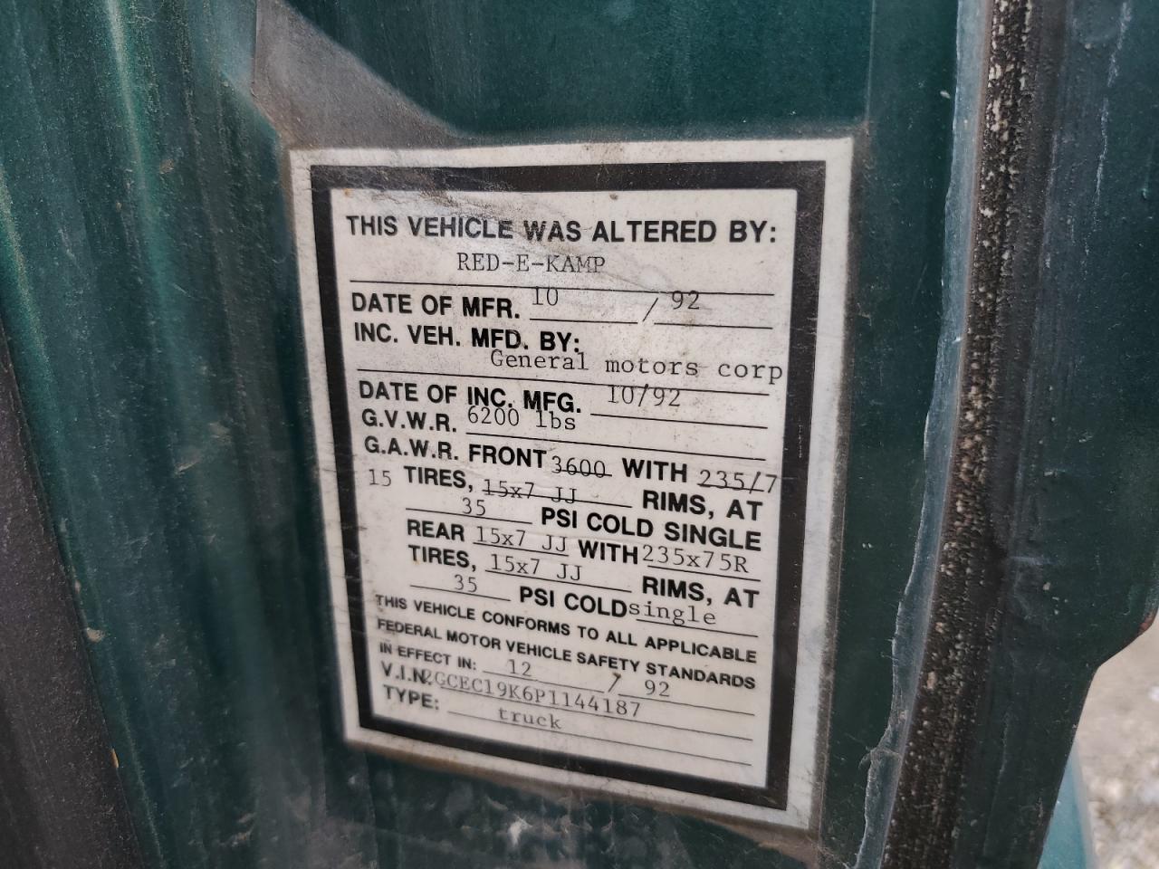 1993 Chevrolet Gmt-400 C1500 VIN: 2GCEC19K6P1144187 Lot: 93151935