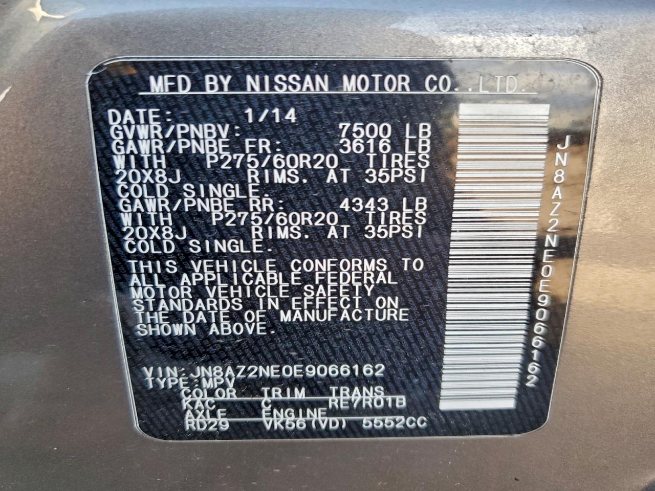 2014 Infiniti Qx80 VIN: JN8AZ2NE0E9066162 Lot: 92750105