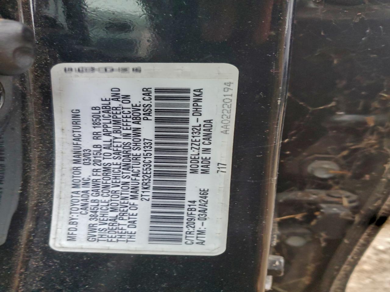 2003 Toyota Corolla Matrix Xr VIN: 2T1KR32E53C151337 Lot: 93917795