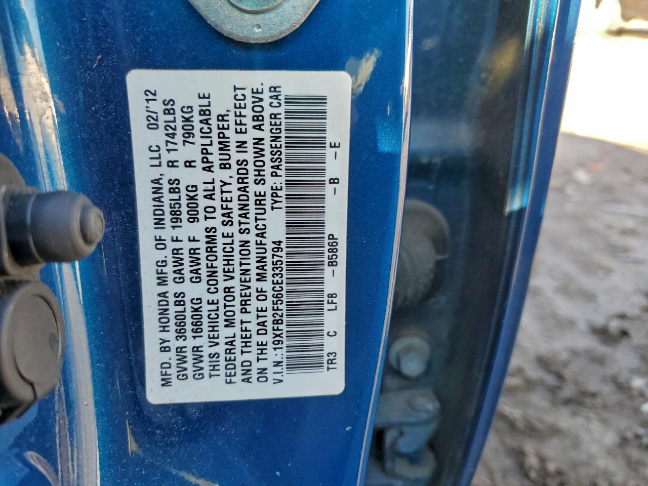 2012 Honda Civic Lx VIN: 19XFB2F56CE335794 Lot: 94170625