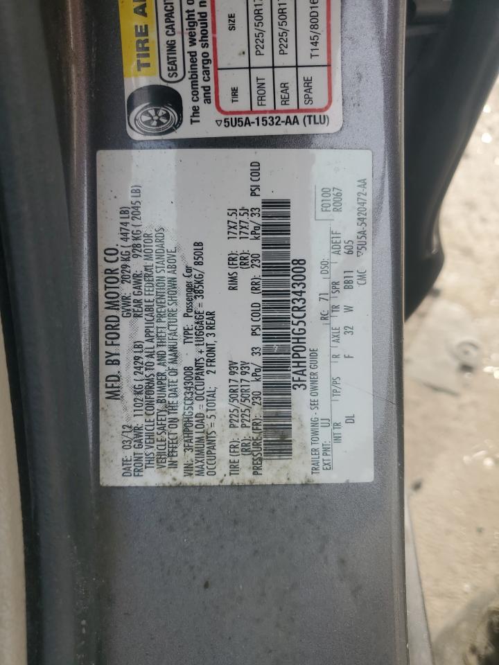 2012 Ford Fusion Se VIN: 3FAHP0HG5CR343008 Lot: 89787585