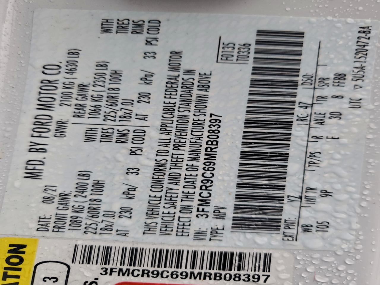 2021 Ford Bronco Sport Outer Banks VIN: 3FMCR9C69MRB08397 Lot: 93876655