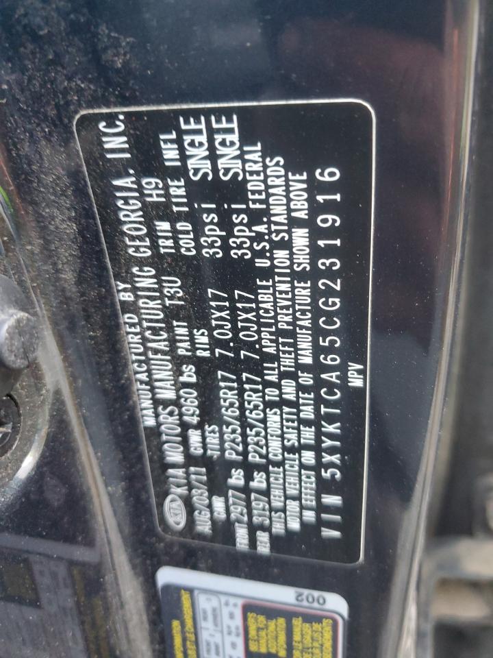 2012 Kia Sorento Base VIN: 5XYKTCA65CG231916 Lot: 92490785