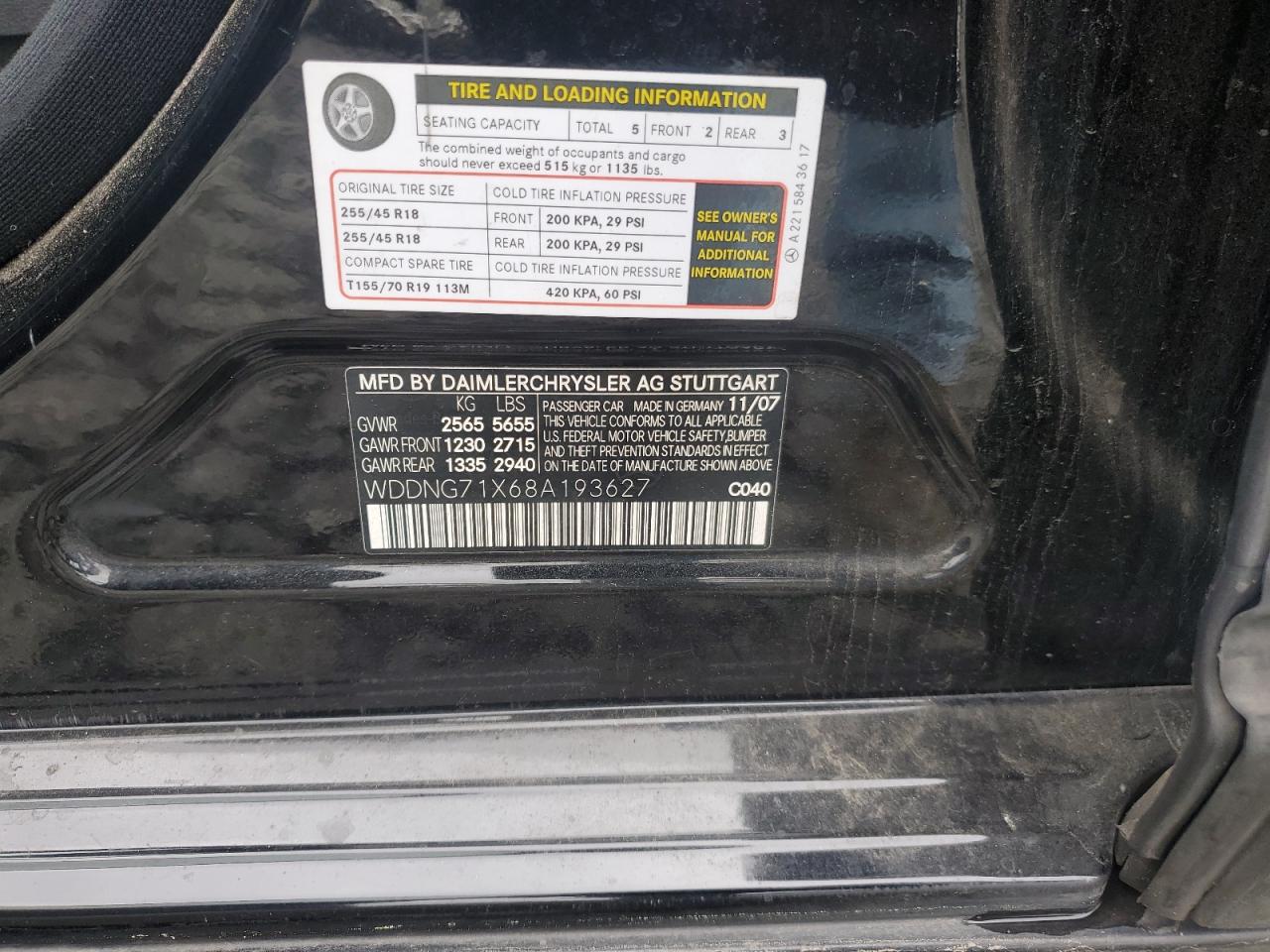 2008 Mercedes-Benz S 550 VIN: WDDNG71X68A193627 Lot: 91467535