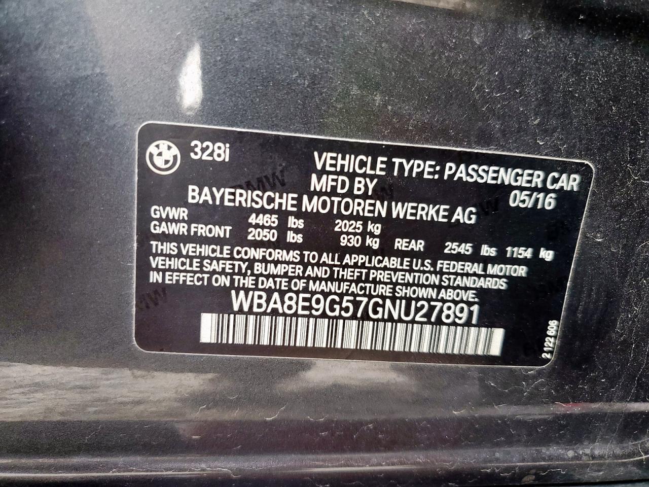 2016 BMW 328 I Sulev VIN: WBA8E9G57GNU27891 Lot: 92242545