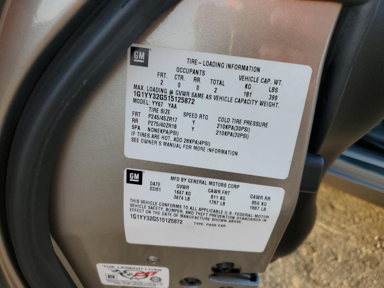 2001 Chevrolet Corvette VIN: 1G1YY32G515125872 Lot: 93388915